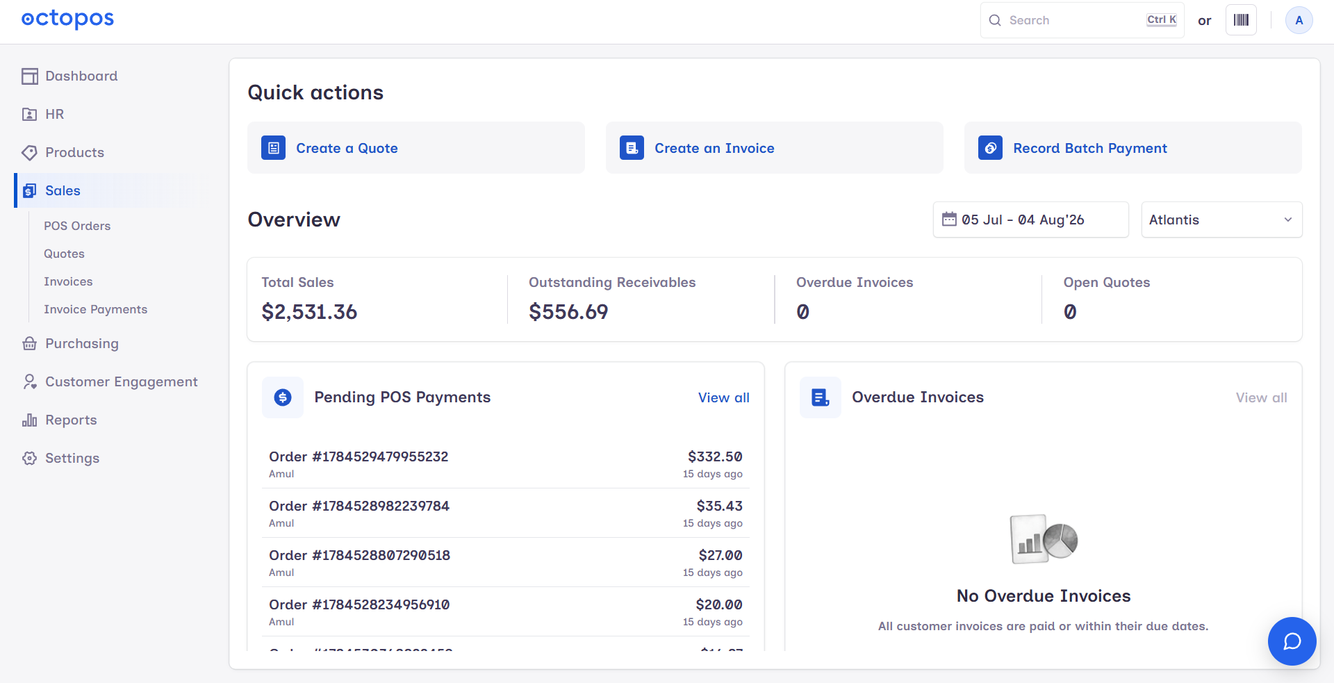 Screenshot of the Sales Overview dashboard with the location and date range filters visible above the total sales, outstanding receivables, overdue invoices, open quotes and pending POS payments figures